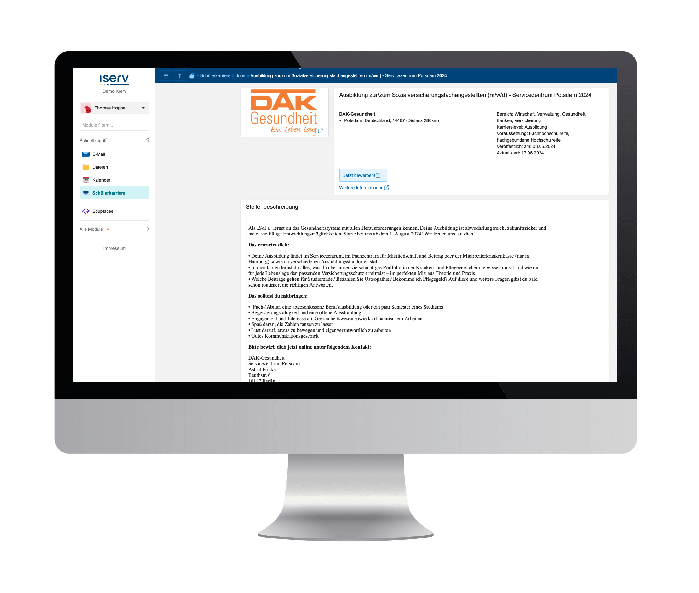 Schülerkarriere Modul in iServ - Anzeige